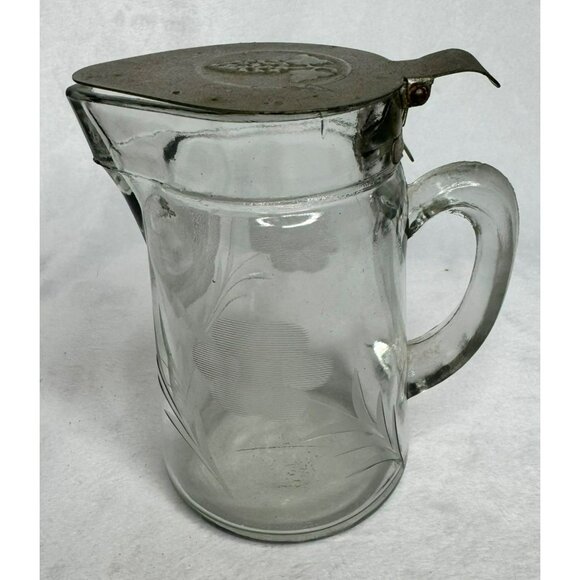 Vintage Vintage Embossed Glass Syrup Pitcher With Metal Lid Grapes Flowers - Picture 1 of 10